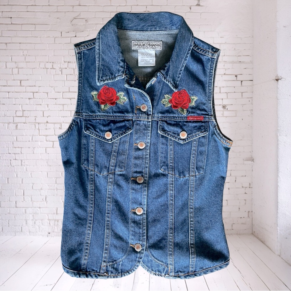 VTG Made In The Shade Garment Vest Womens Medium Red Rose Denim Button USA Made